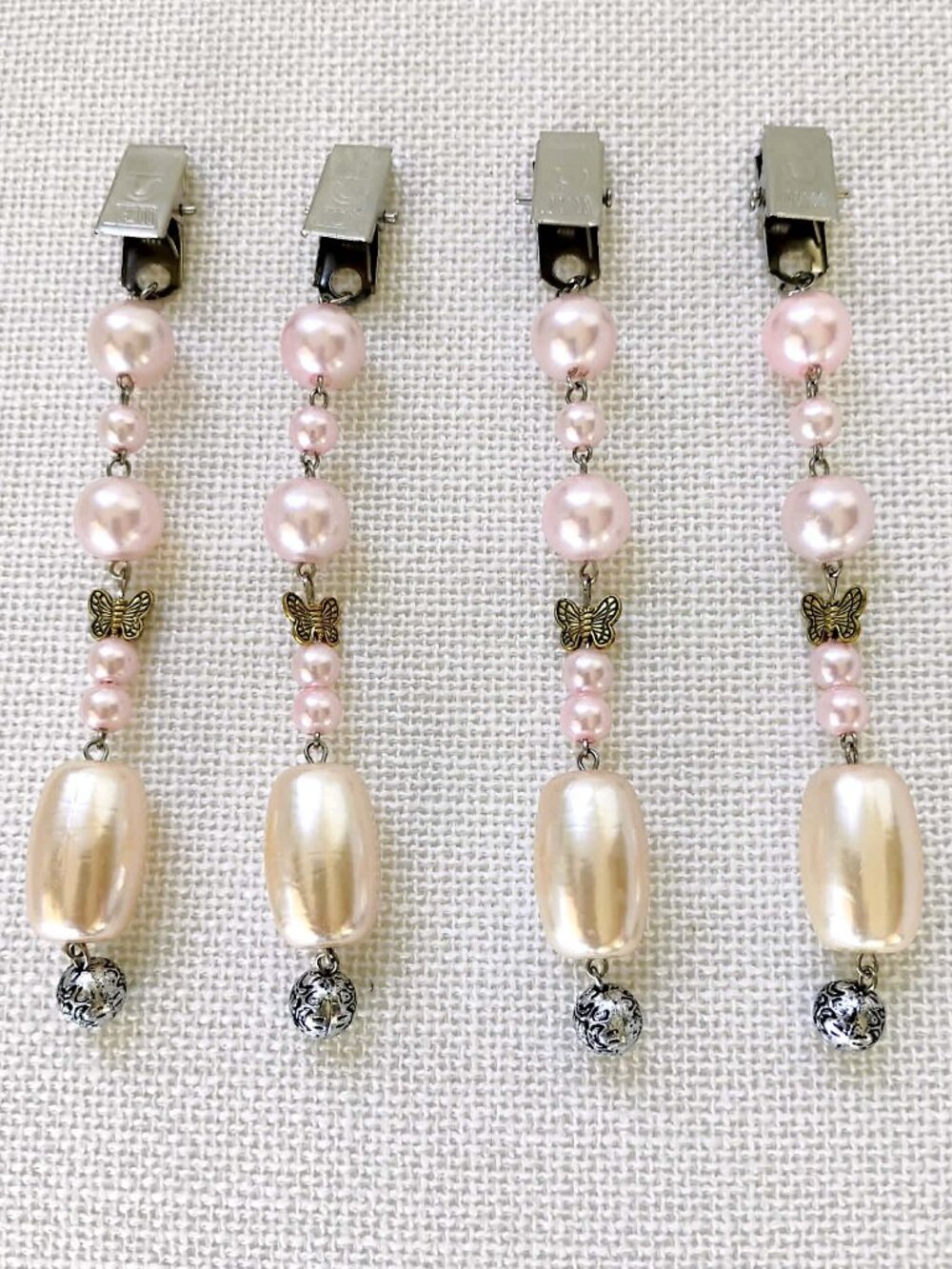 Silver Metal Faux Pink & Ivory Pearls With Accents Table Cloth End Weights 4pcs
